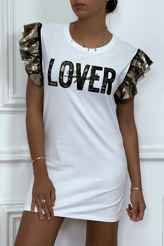 White t-shirt dress, sequined ruffled sleeves and "lover" lettering - 3