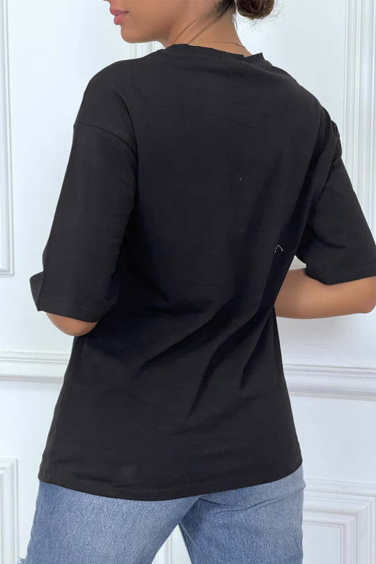 T-shirt noir à manches courtes avec flamants roses - 1