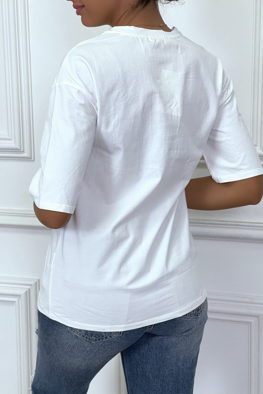 T-shirt blanc à manches courtes avec flamants roses - 1