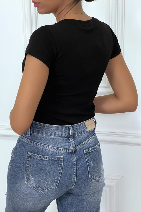 T-shirt noir à manches courtes avec inscription "merci" pailletées - 1