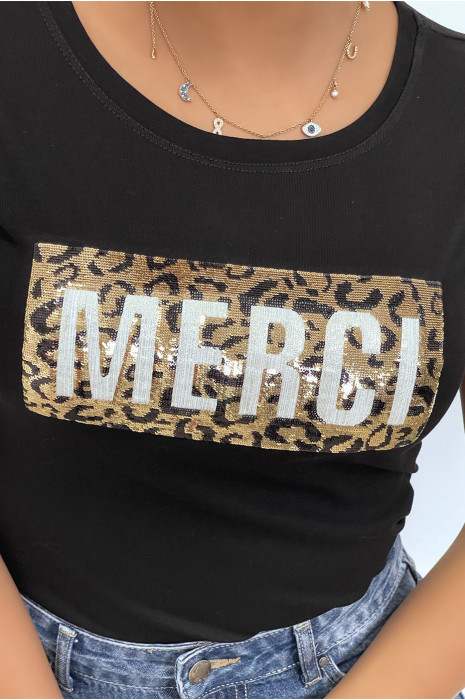 T-shirt noir à manches courtes avec inscription "merci" pailletées - 2