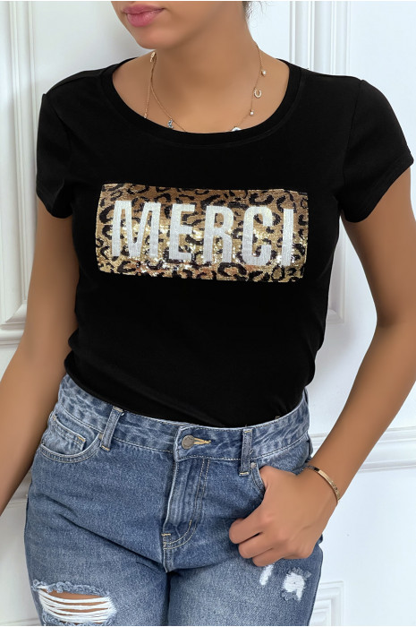 T-shirt noir à manches courtes avec inscription "merci" pailletées - 3