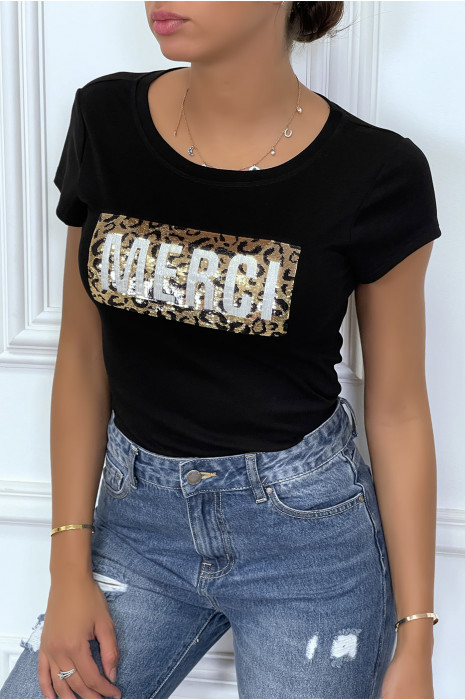 T-shirt noir à manches courtes avec inscription "merci" pailletées - 4
