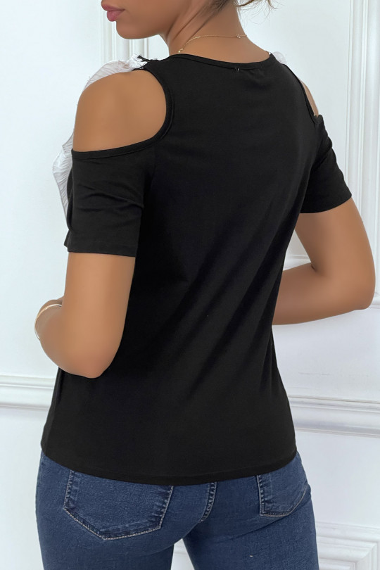 T-shirt noir à épaules dénudées, col rond détail voila en col v - 1