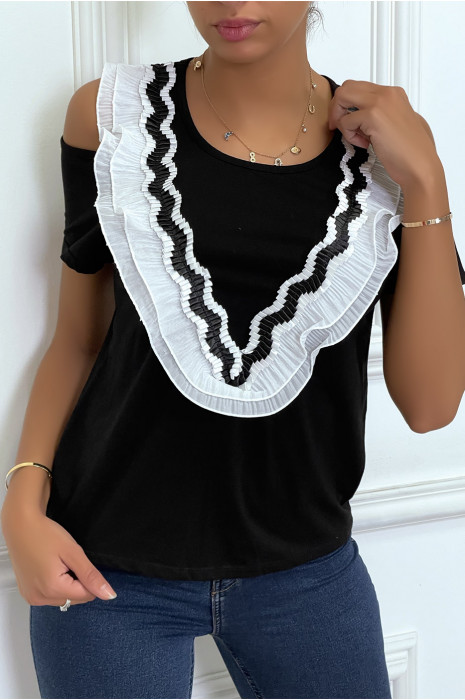 Black off-the-shoulder t-shirt, round neck v-neck detail voila - 2