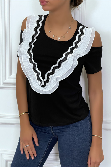 T-shirt noir à épaules dénudées, col rond détail voila en col v - 3