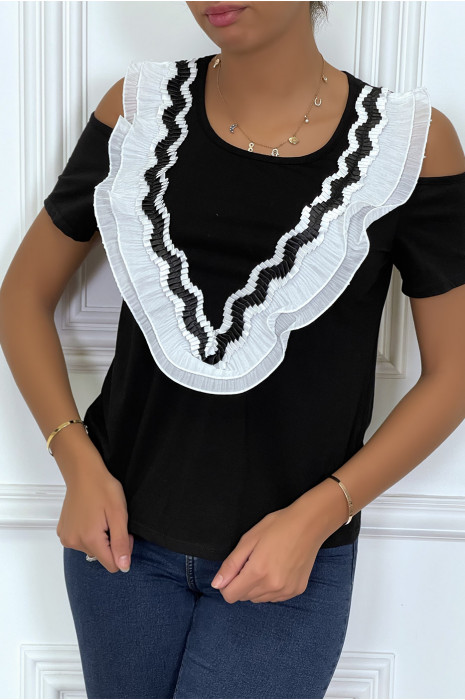 Black off-the-shoulder t-shirt, round neck v-neck detail voila - 4