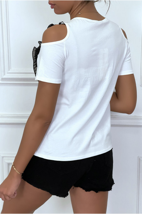 T-shirt noir à épaules dénudées, col rond détail voila en col v - 1