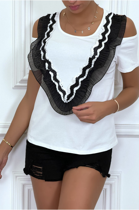 T-shirt blanc à épaules dénudées, col rond détail voila en col v - 2