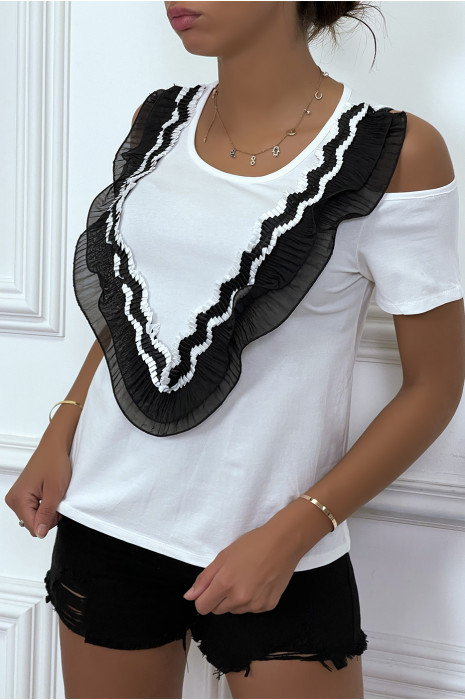 T-shirt noir à épaules dénudées, col rond détail voila en col v - 3