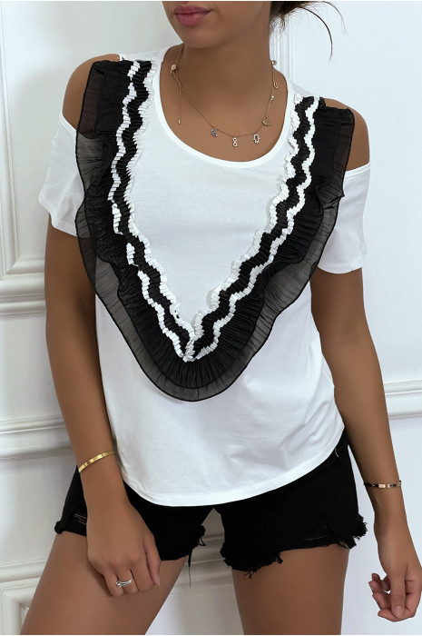 T-shirt noir à épaules dénudées, col rond détail voila en col v - 4