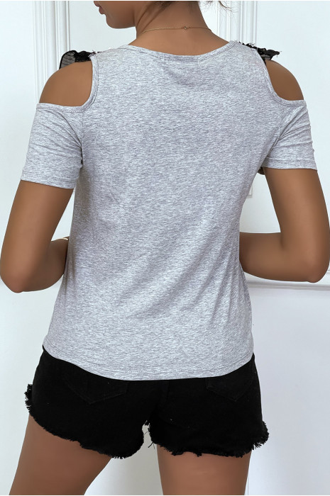 T-shirt gris à épaules dénudées, col rond détail voila en col v - 1