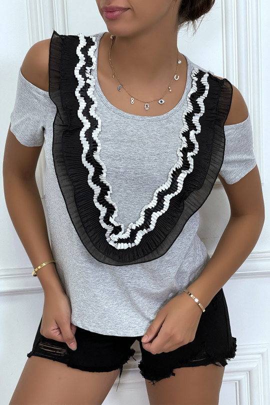 T-shirt gris à épaules dénudées, col rond détail voila en col v - 2
