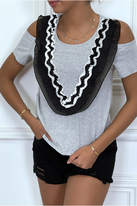 T-shirt gris à épaules dénudées, col rond détail voila en col v - 3