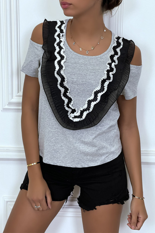 T-shirt gris à épaules dénudées, col rond détail voila en col v - 4