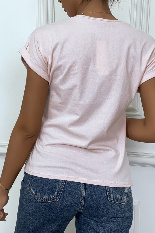 T-shirt rose à manche revers inscription SUP - 4