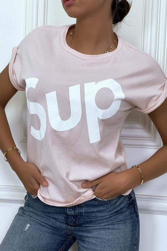 T-shirt rose à manche revers inscription SUP - 1