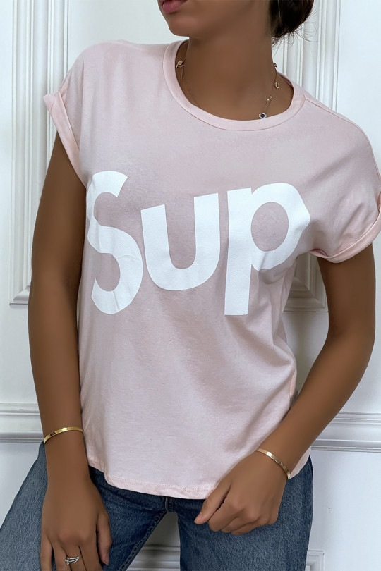 Pink t-shirt with cuffed SUP lettering - 3