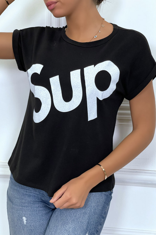 T-shirt noir à manche revers inscription SUP - 2