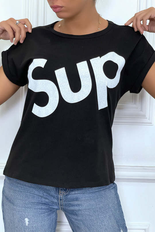 T-shirt noir à manche revers inscription SUP - 1