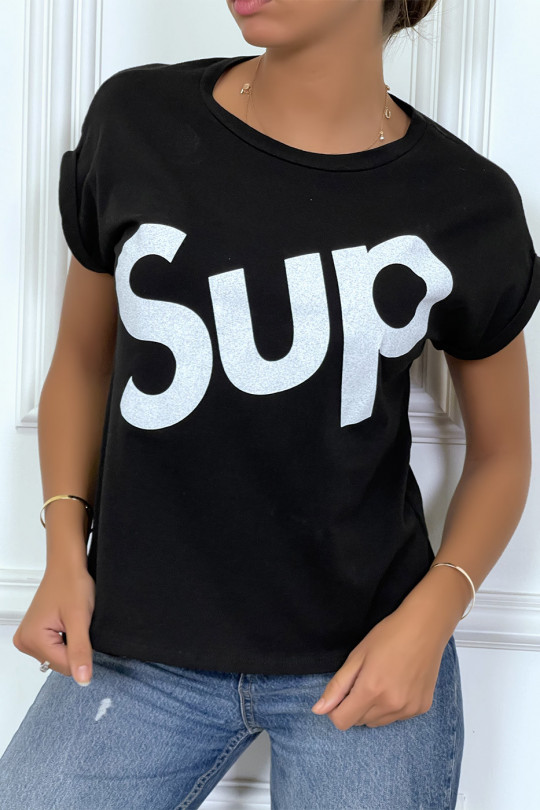 T-shirt noir à manche revers inscription SUP - 3