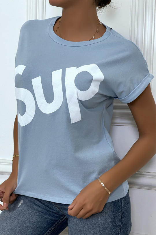 T-shirt turquoise à manche revers inscription SUP - 2