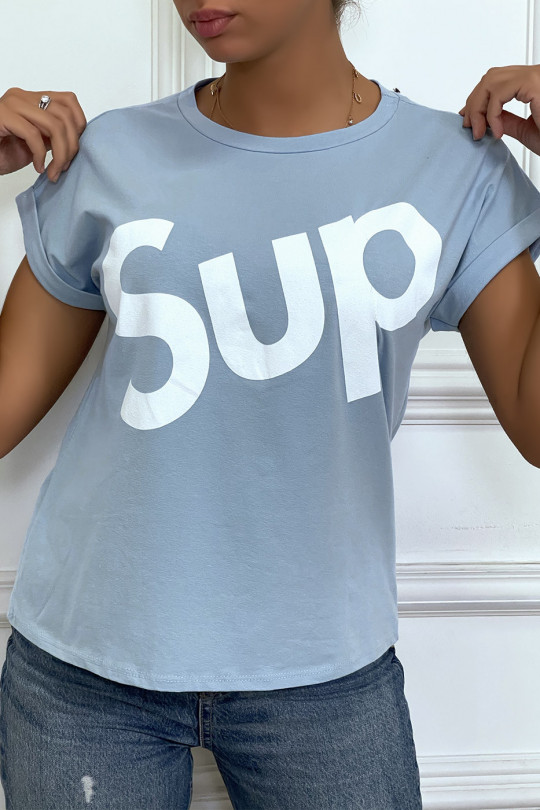 T-shirt turquoise à manche revers inscription SUP - 1