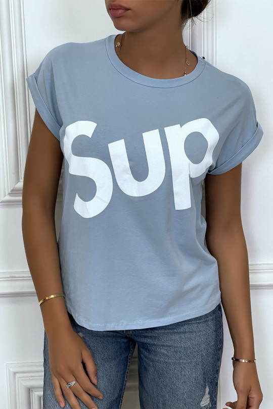 T-shirt turquoise à manche revers inscription SUP - 3