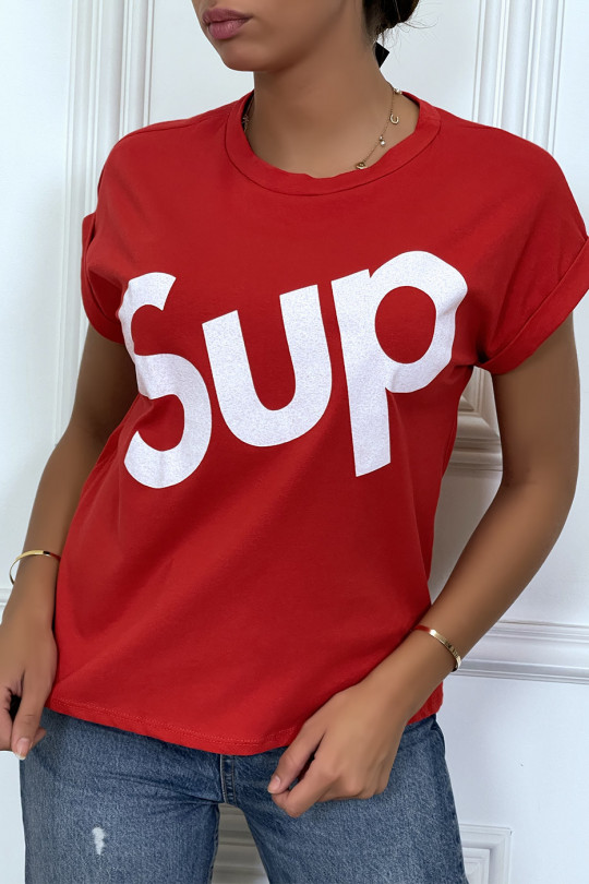 T-shirt rouge à manche revers inscription SUP - 1