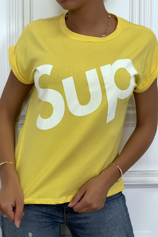 T-shirt jaune à manche revers inscription SUP - 1