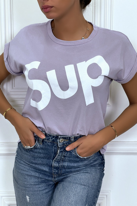 T-shirt lilas à manche revers inscription SUP - 2