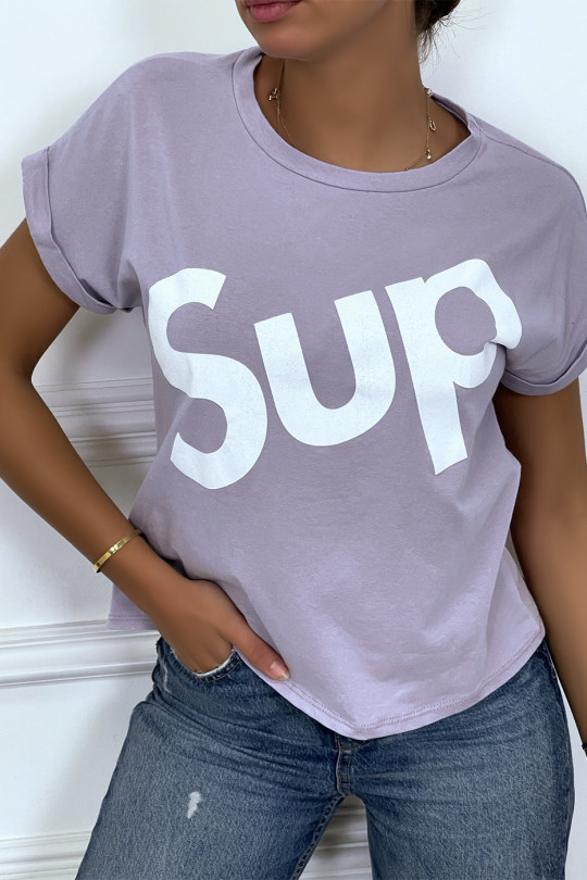 T-shirt lilas à manche revers inscription SUP - 1
