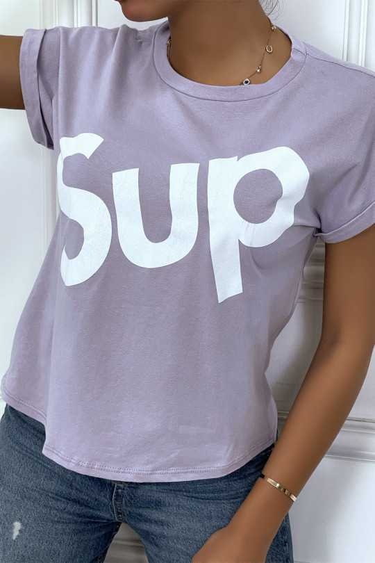T-shirt lilas à manche revers inscription SUP - 3