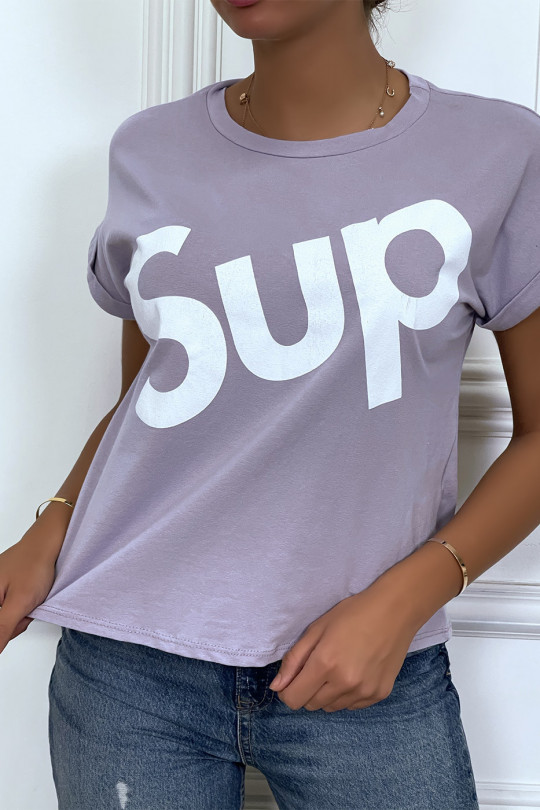 T-shirt lilas à manche revers inscription SUP - 4