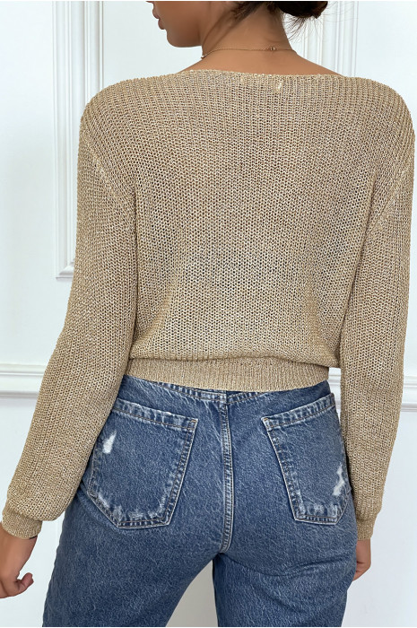 Pull en maille léger taupe, froncé avec col v, à manches longues - 1