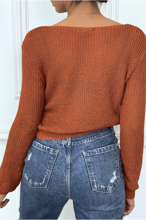 Pull en maille léger noir, froncé avec col v, à manches longues - 1