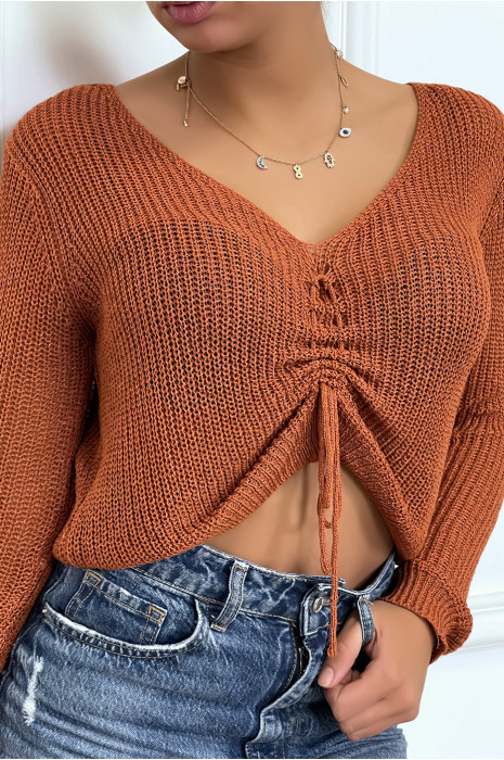 Pull en maille léger cognac, froncé avec col v, à manches longues - 2