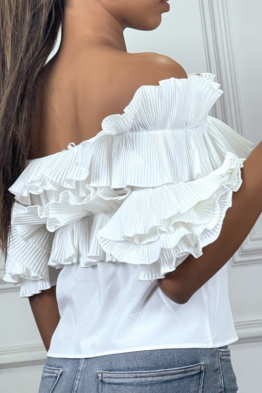 White blouse with pleated ruffles and bardot collar - 2
