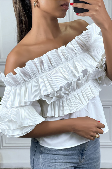 BlWuse witte geplooide bardotkraag met ruches - 3