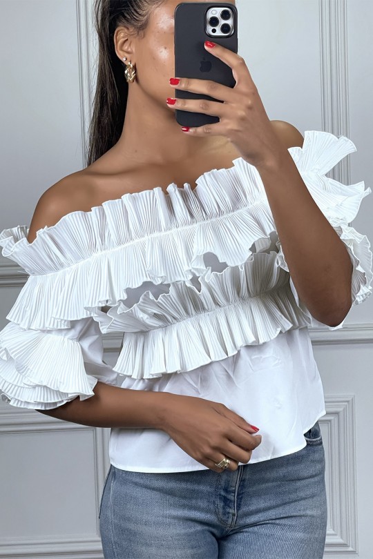 White blouse with pleated ruffles and bardot collar - 1