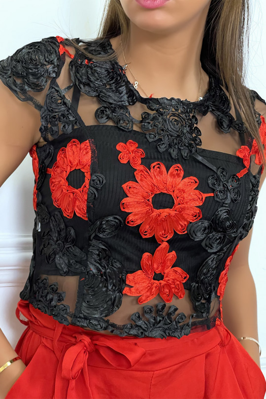 Haut en tulle noir/rouge transparent avec des fleurs brodées - 3