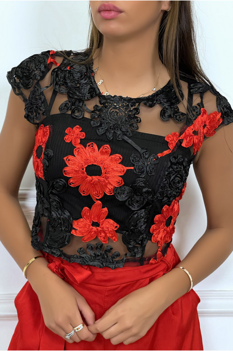 Haut en tulle noir/rouge transparent avec des fleurs brodées - 1