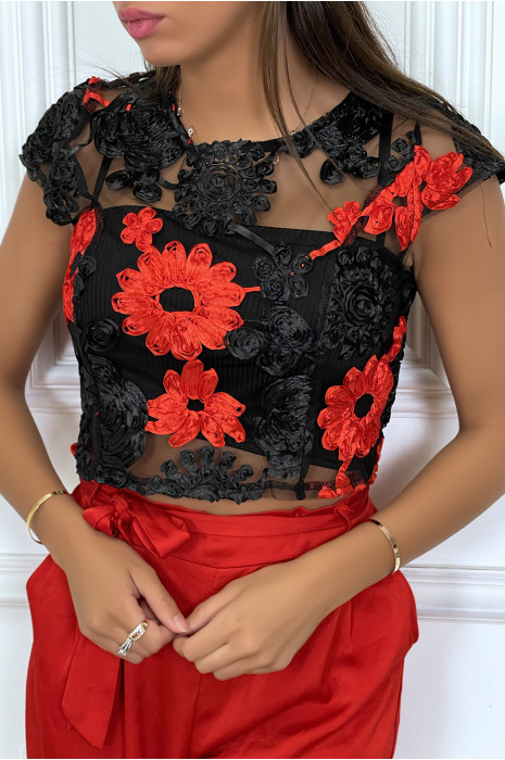 Haut en tulle noir/rouge transparent avec des fleurs brodées - 4