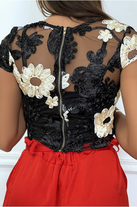 Haut en tulle noir/beige transparent avec des fleurs brodées - 1