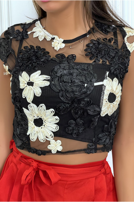 Haut en tulle noir transparent avec fleur brodée - 2