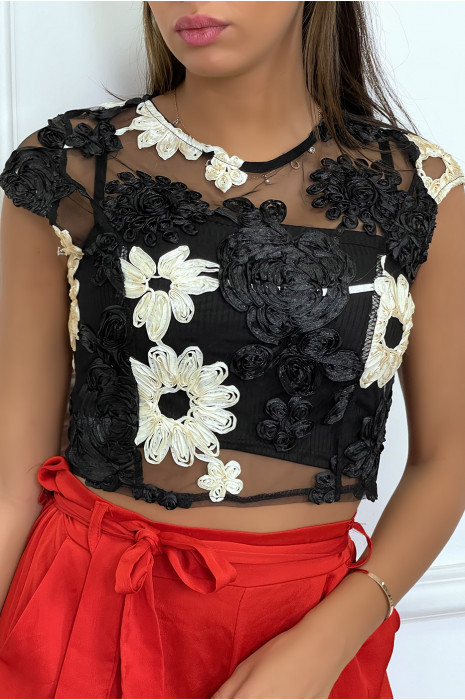 Haut en tulle noir transparent avec fleur brodée - 3