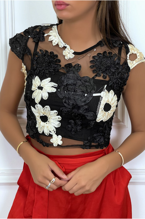 Haut en tulle noir transparent avec fleur brodée - 4