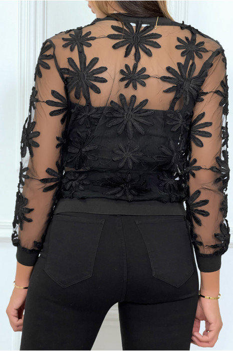 Haut en tulle noir à manches longues avec fleurs brodées et strass - 1