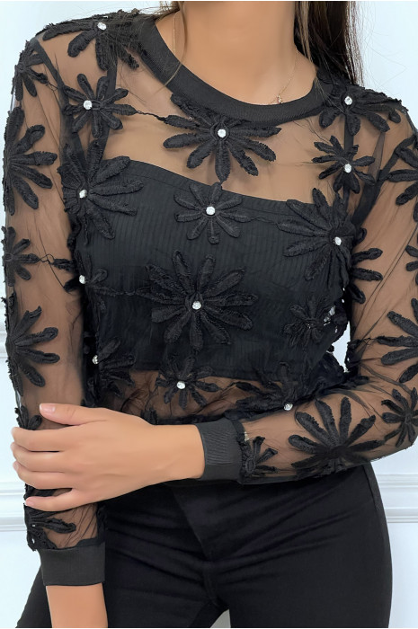 Haut en tulle noir à manches longues avec fleurs brodées et strass