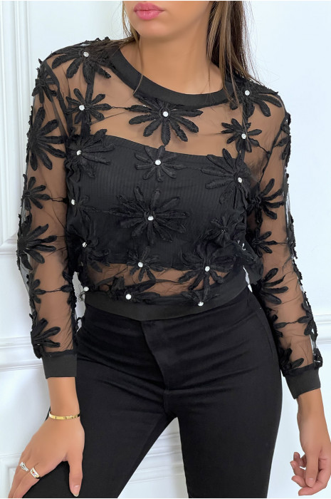 Haut en tulle noir à manches longues avec fleurs brodées et strass - 4